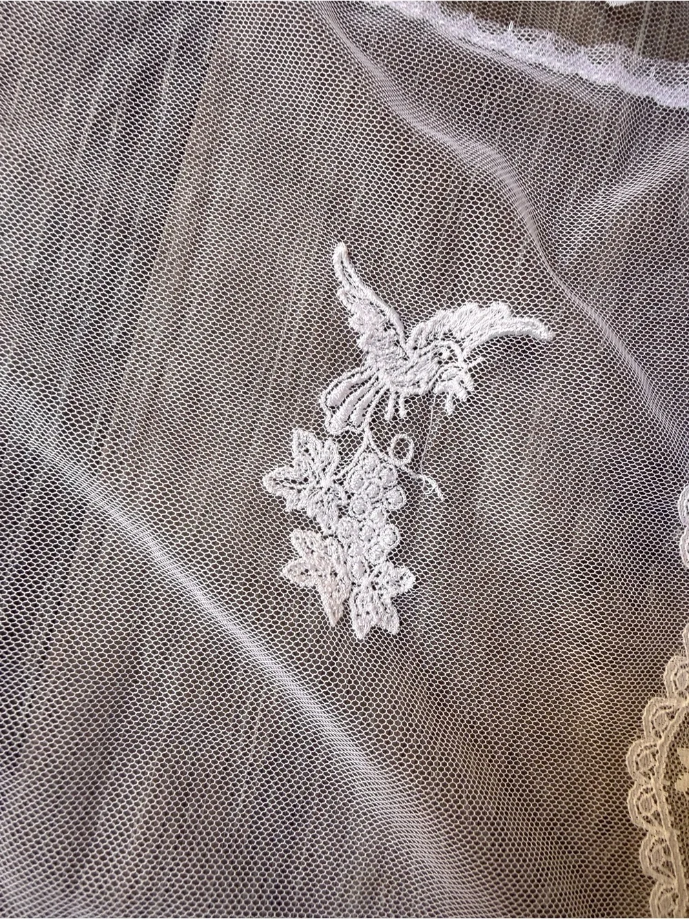 Delicate Vintage White Lace Bridal Veil or Scarf with Floral Appliqués